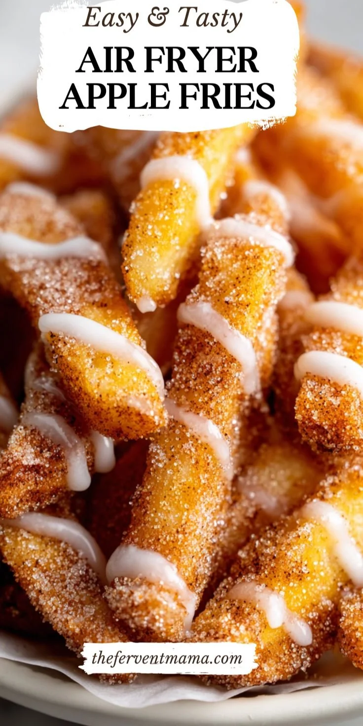 Air Fryer Apple Fries 8 Crispy air fryer apple fries served in a bowl with a dipping sauce.