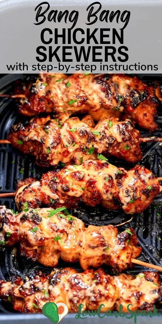 Delicious Air Fryer Bang Bang Chicken Skewers served on a plate