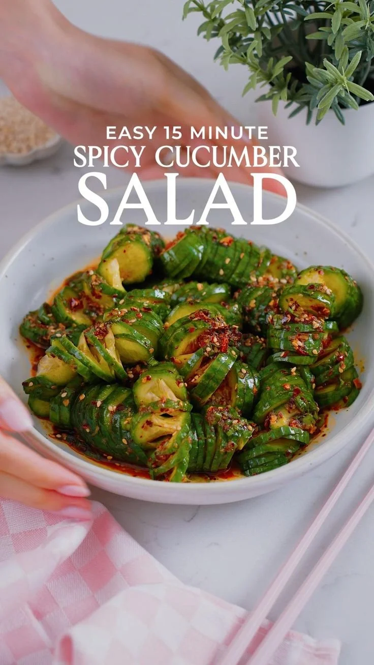 Delicious Asian spicy cucumber salad with vibrant colors and fresh ingredients.