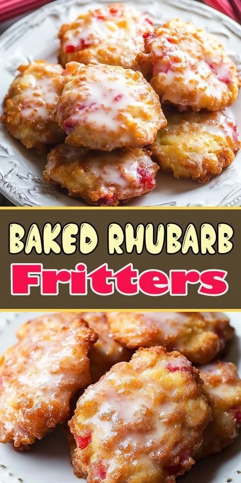 Delicious baked rhubarb fritters served on a plate with a sprinkle of sugar.