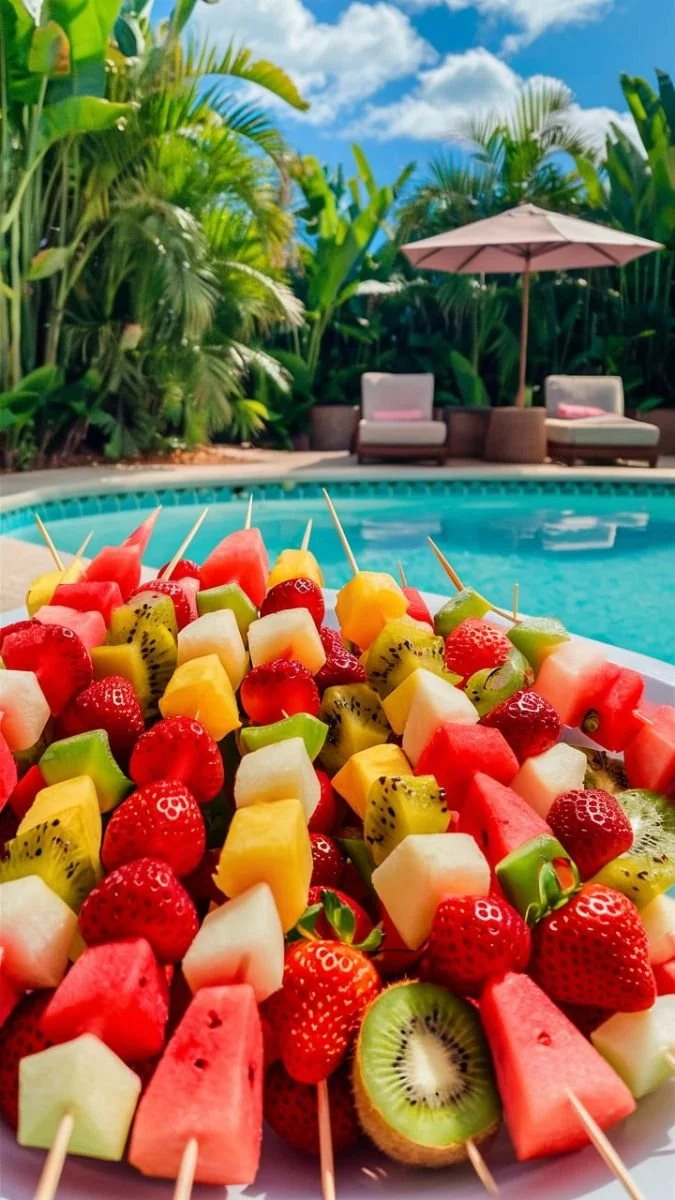 Colorful pool party snacks for kids, featuring fun finger foods and summer treats.