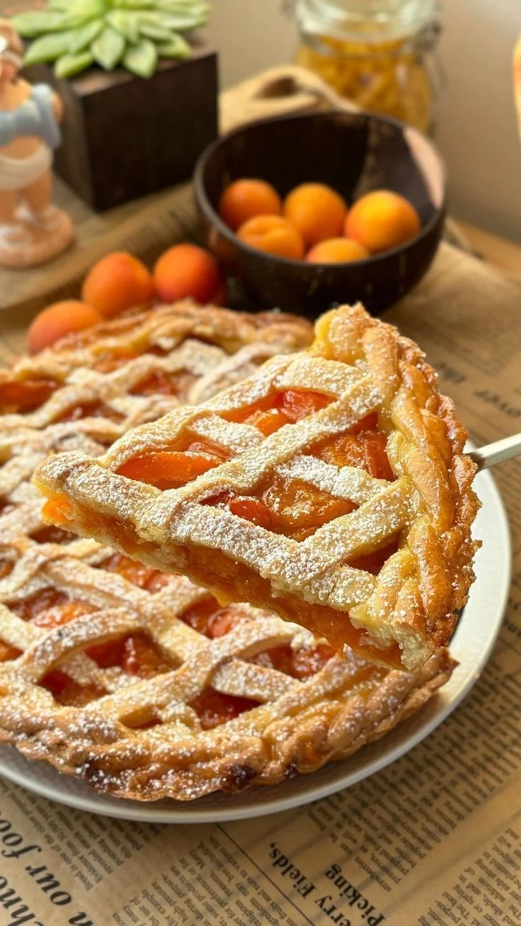 Classic apricot pie with a flaky butter crust, fresh apricots, and golden caramelized topping.