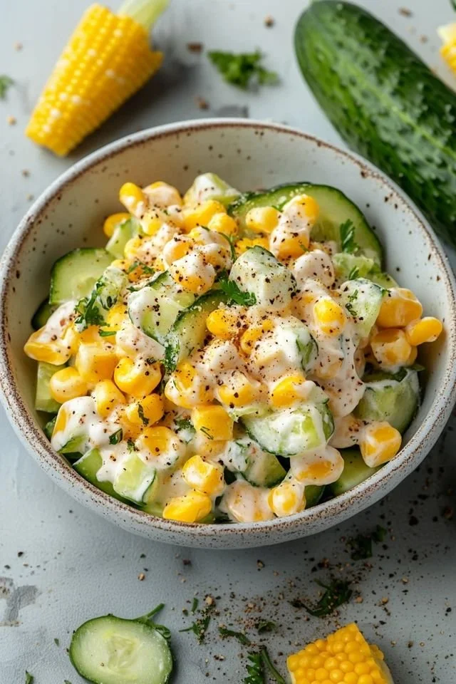 Delicious creamy corn and cucumber salad served in a bowl
