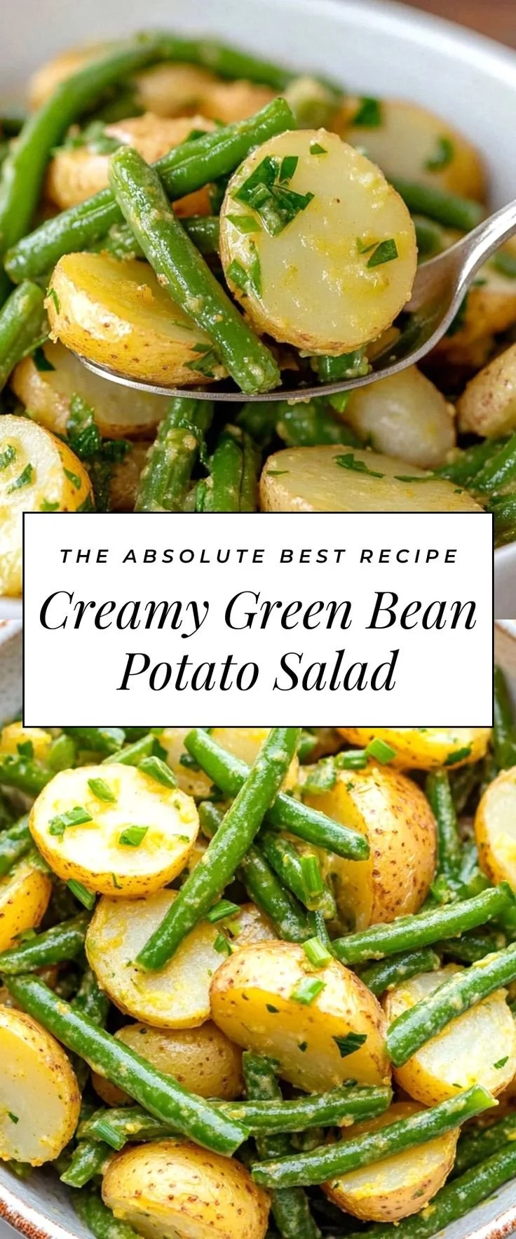 Creamy green bean potato salad in a bowl garnished with herbs