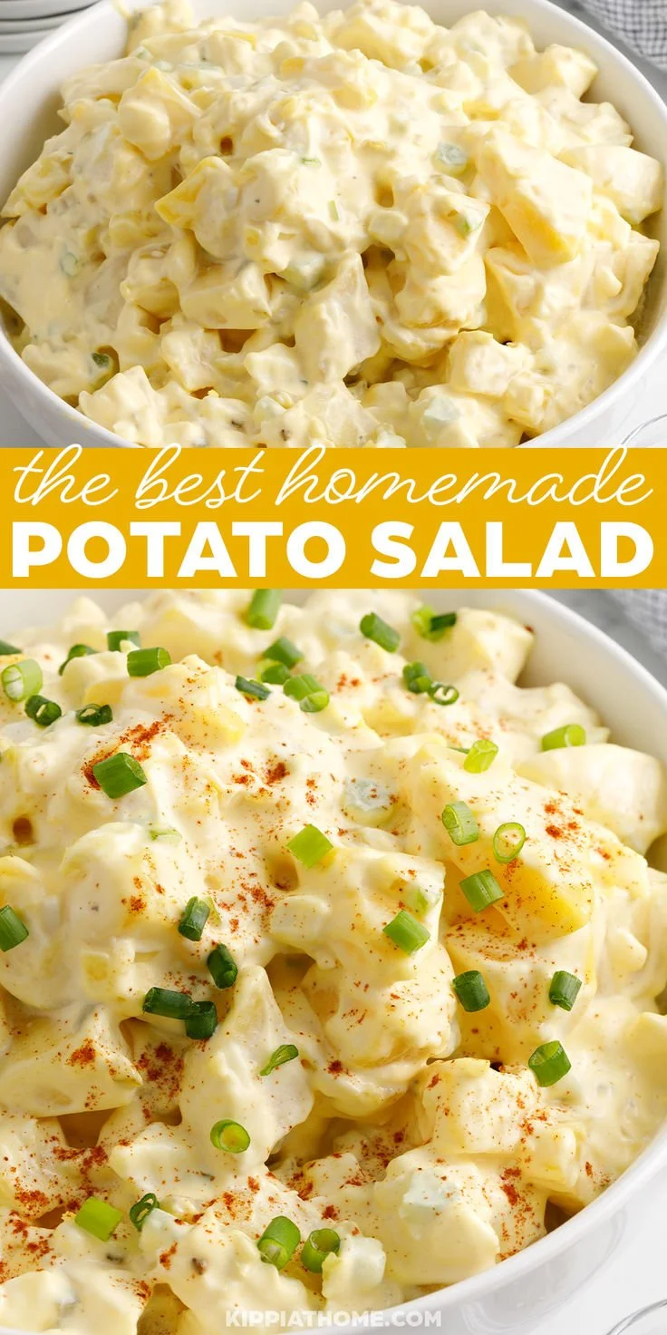 Delicious creamy potato salad served in a bowl with herbs