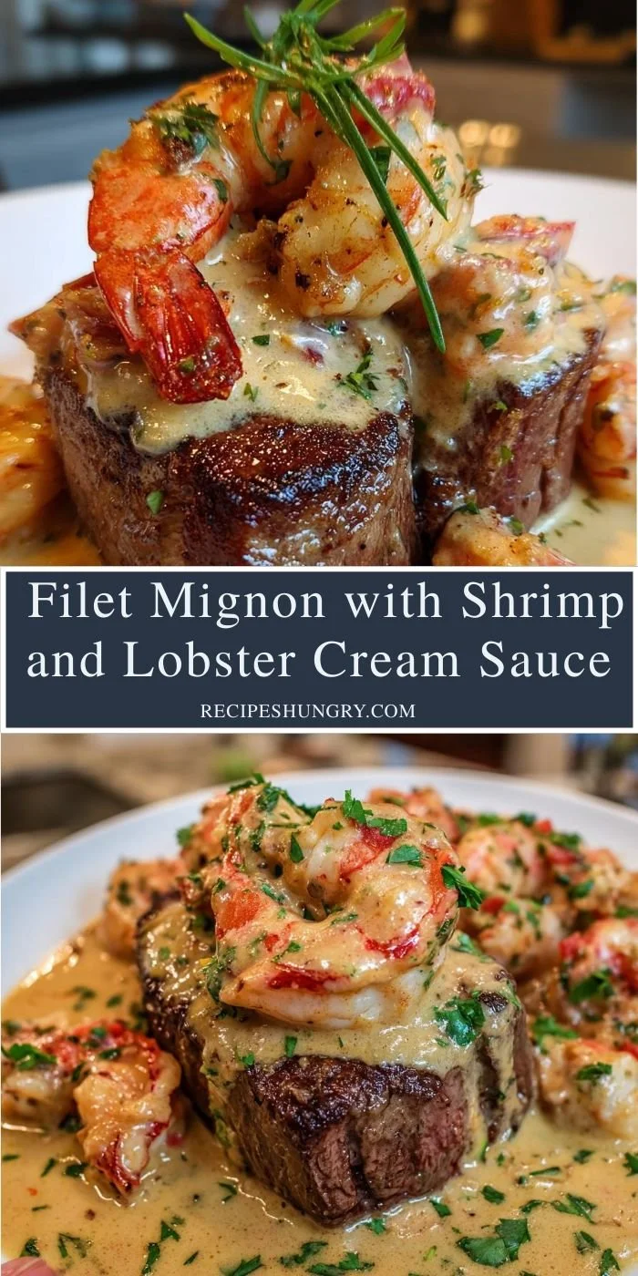 Filet Mignon with Shrimp and Lobster Cream Sauce delights! 8 Filet Mignon served with shrimp and lobster cream sauce for a gourmet meal.