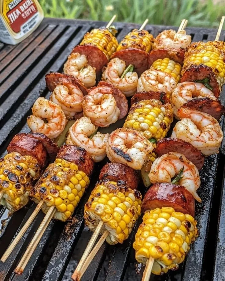 Delicious grilled seafood skewers on the grill