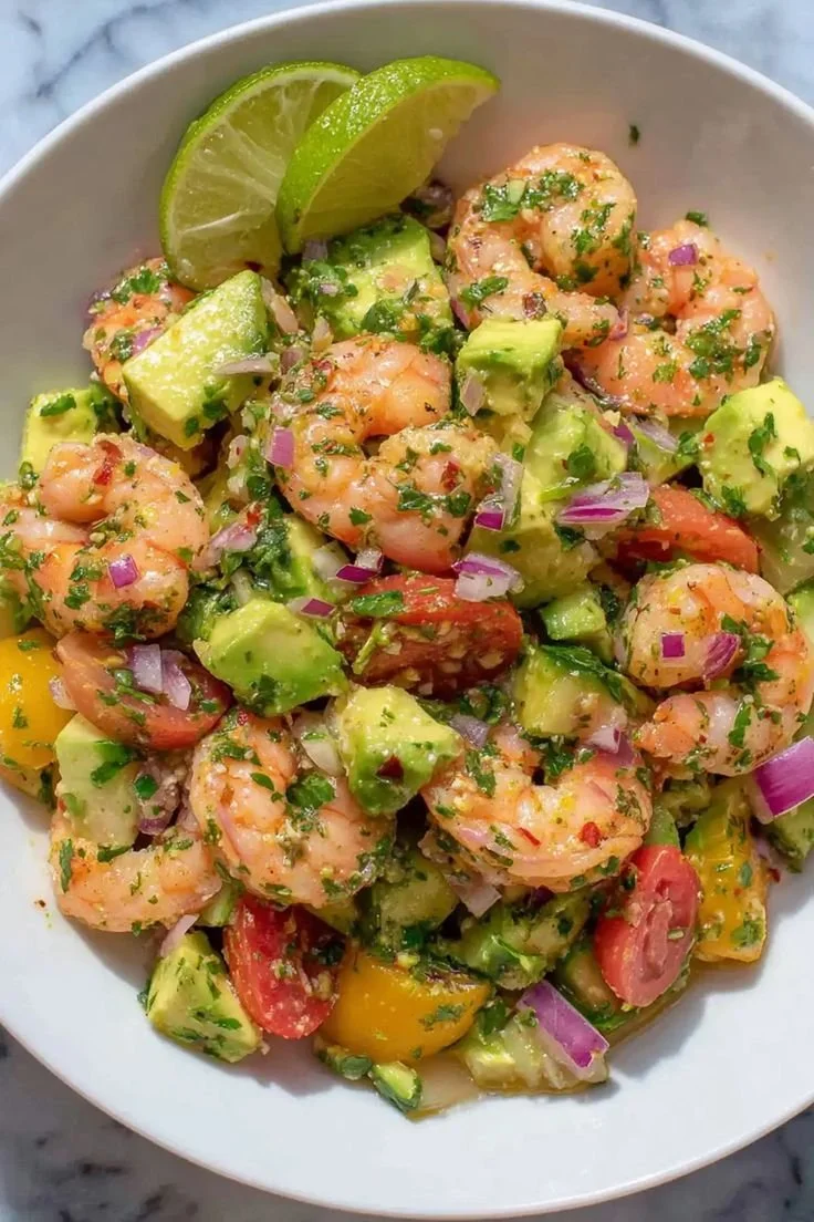 Healthy Shrimp Avocado Salad without Mayo, served fresh in a bowl