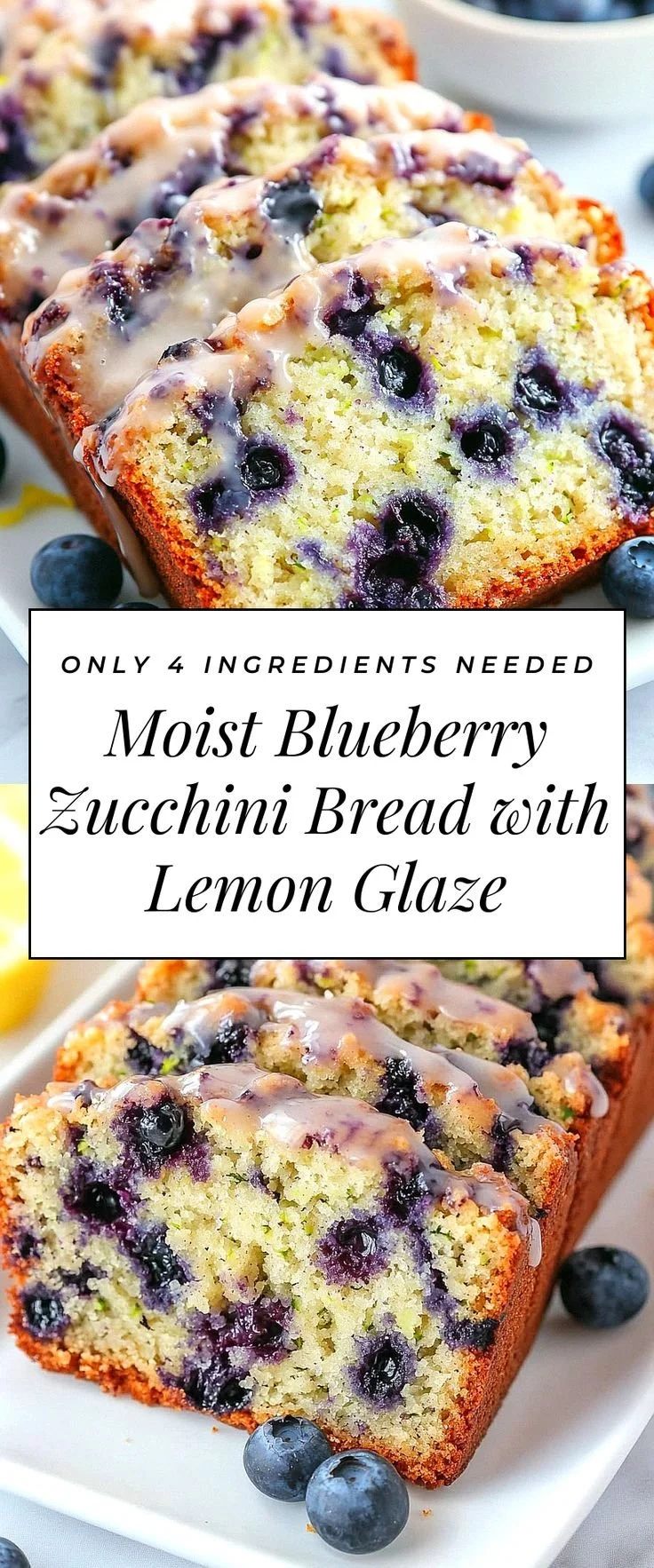 Slice of homemade blueberry zucchini bread topped with lemon glaze