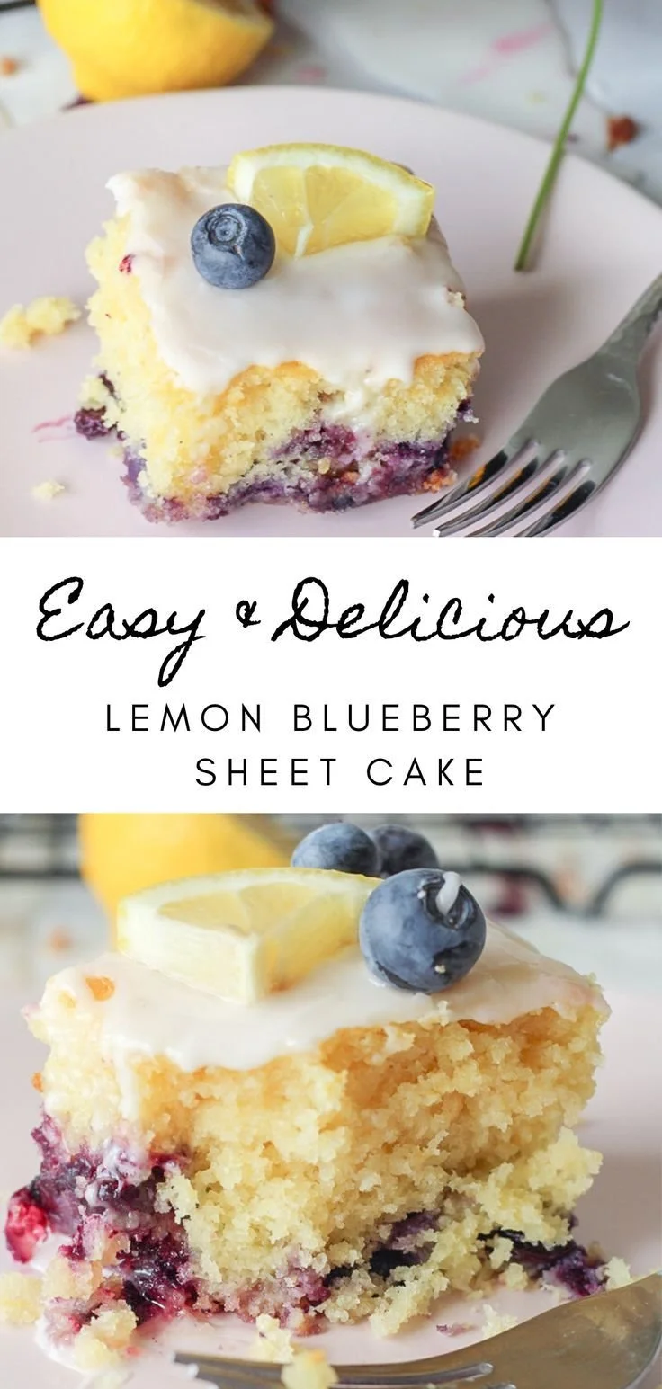 Slice of Lemon Blueberry Sheet Cake topped with fresh blueberries and lemon zest