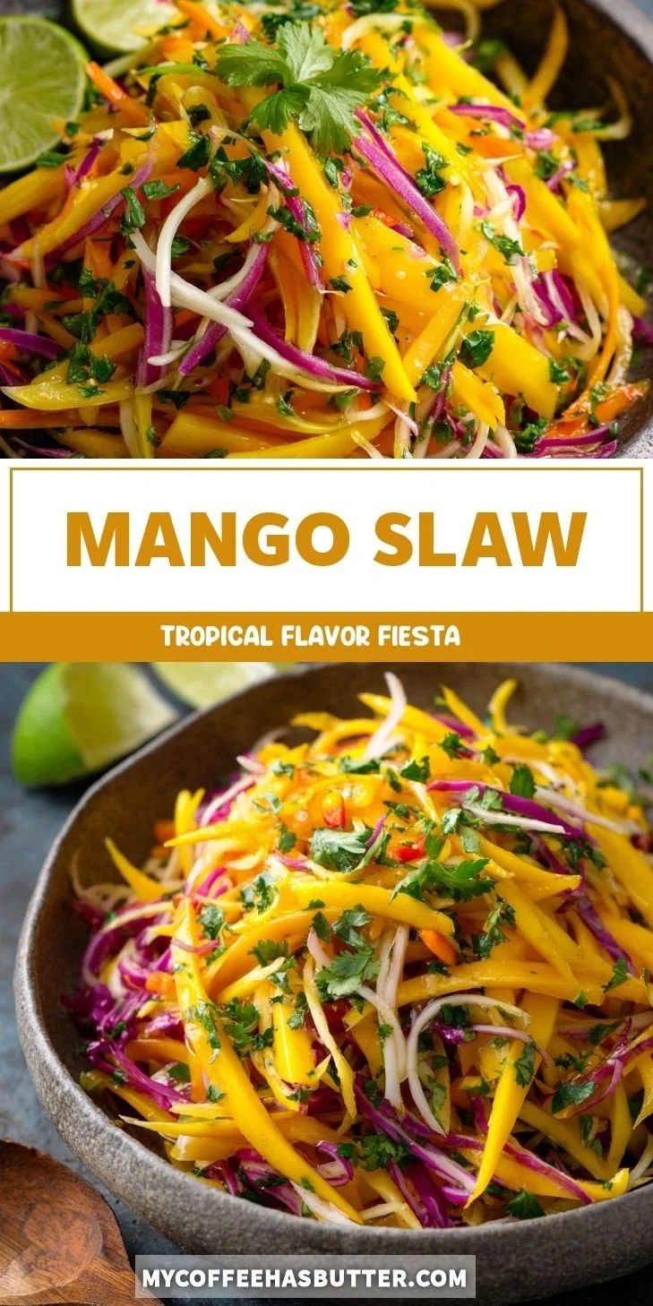 Mango Slaw 6 Colorful bowl of mango slaw with shredded vegetables and tropical dressing