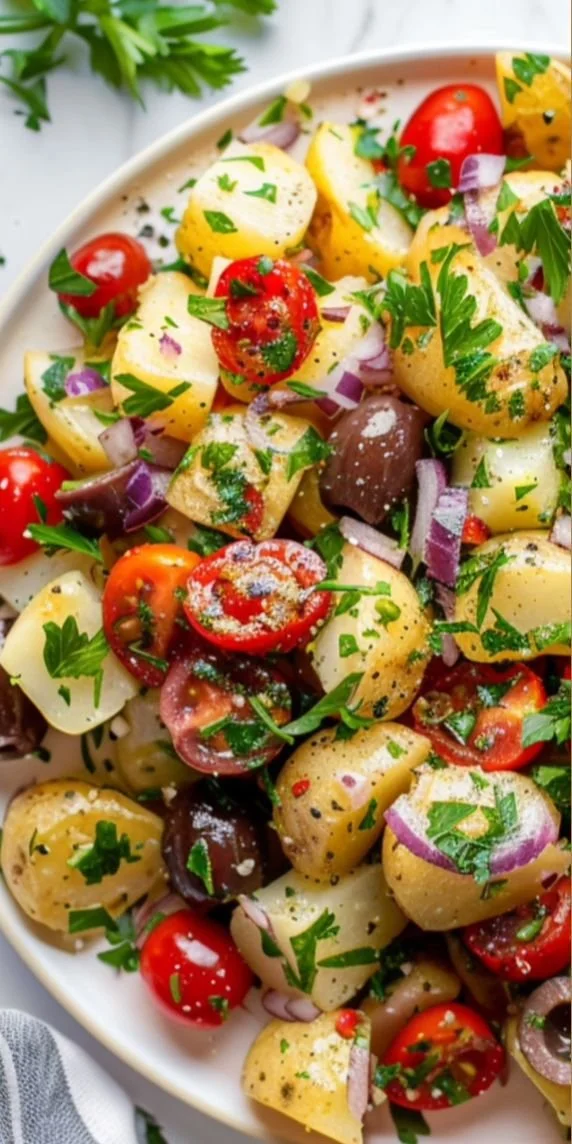 Bowl of Mediterranean potato salad with olives, tomatoes, and herbs