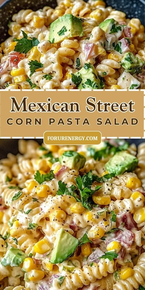 Bowl of Mexican street corn pasta salad with colorful ingredients