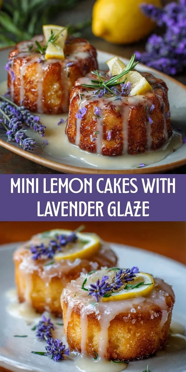 Mini lemon cakes topped with a lavender glaze, a delightful dessert creation.