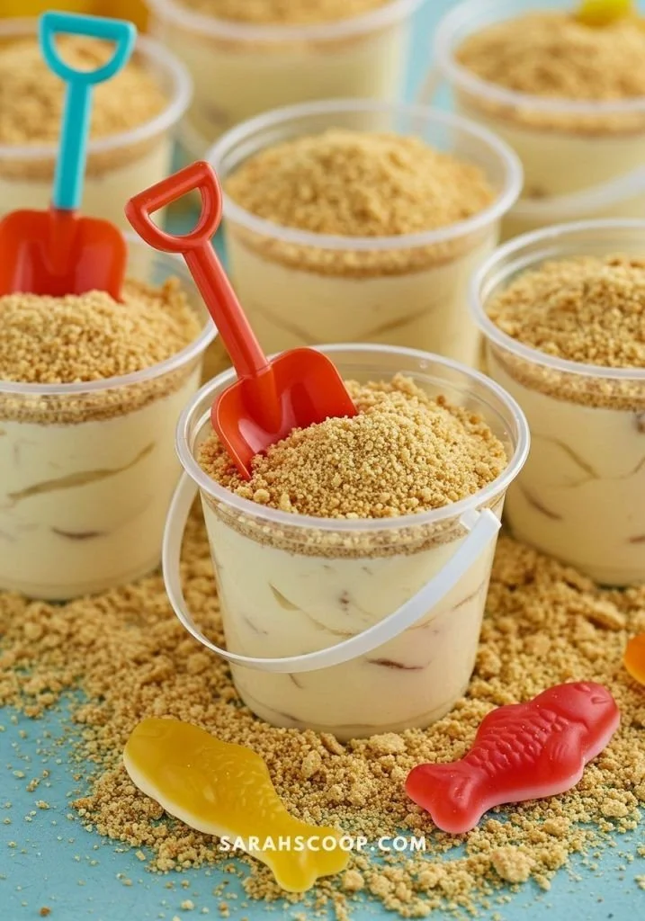 Mini sand pail pudding cups filled with delicious pudding and toppings