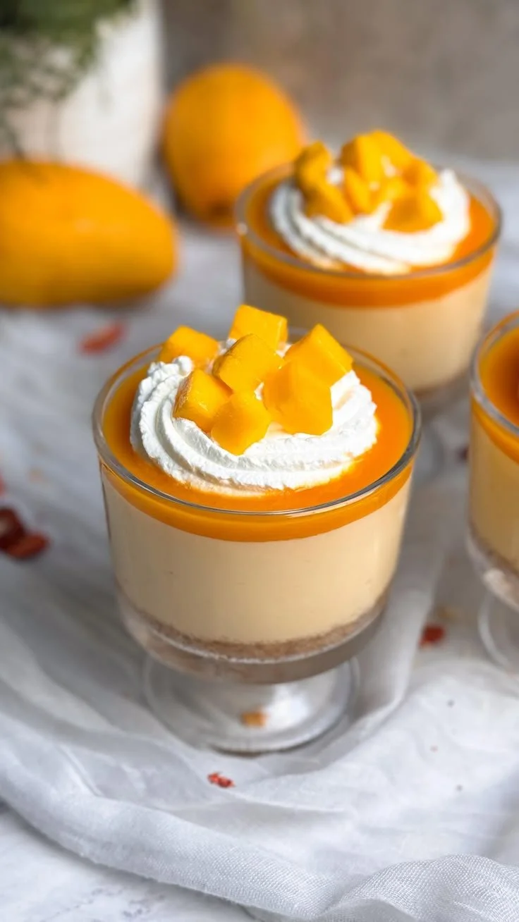No Bake Mango Cheesecake Cups served in glass dishes with fresh mango slices