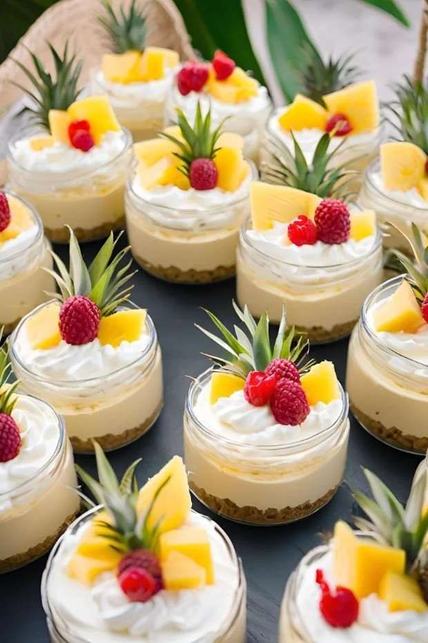 No bake pineapple cheesecake dessert slice on a plate