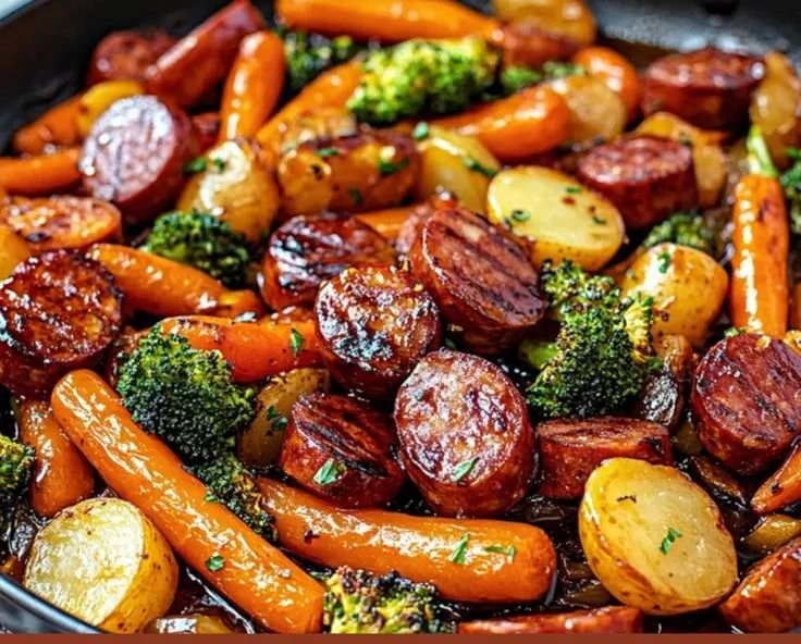 One-Pan Honey Garlic Kielbasa with colorful veggies in a skillet.