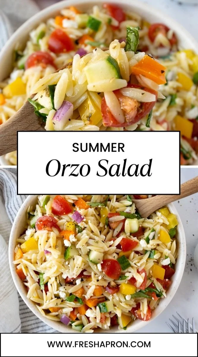 Colorful Orzo Salad with fresh vegetables and herbs in a bowl