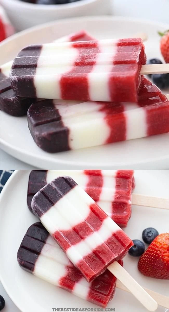 Patriotic Popsicles 8 Red, white, and blue patriotic popsicles on a table for summer celebrations