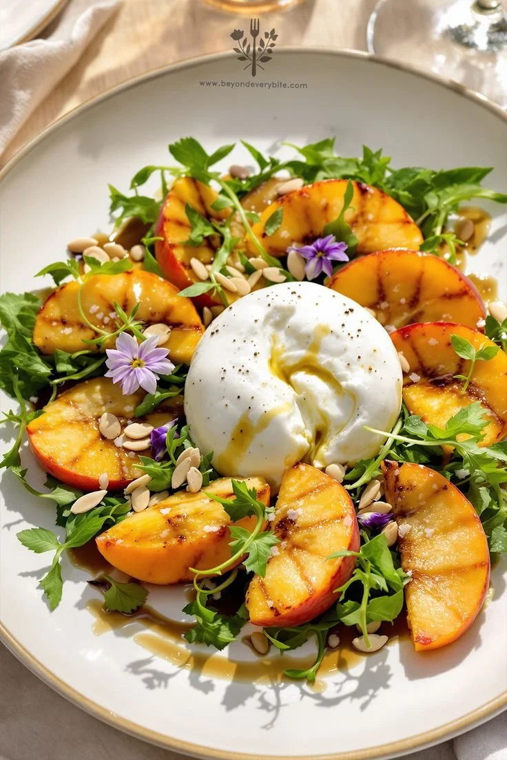 Delicious Peach Burrata Salad with fresh peaches and creamy burrata cheese