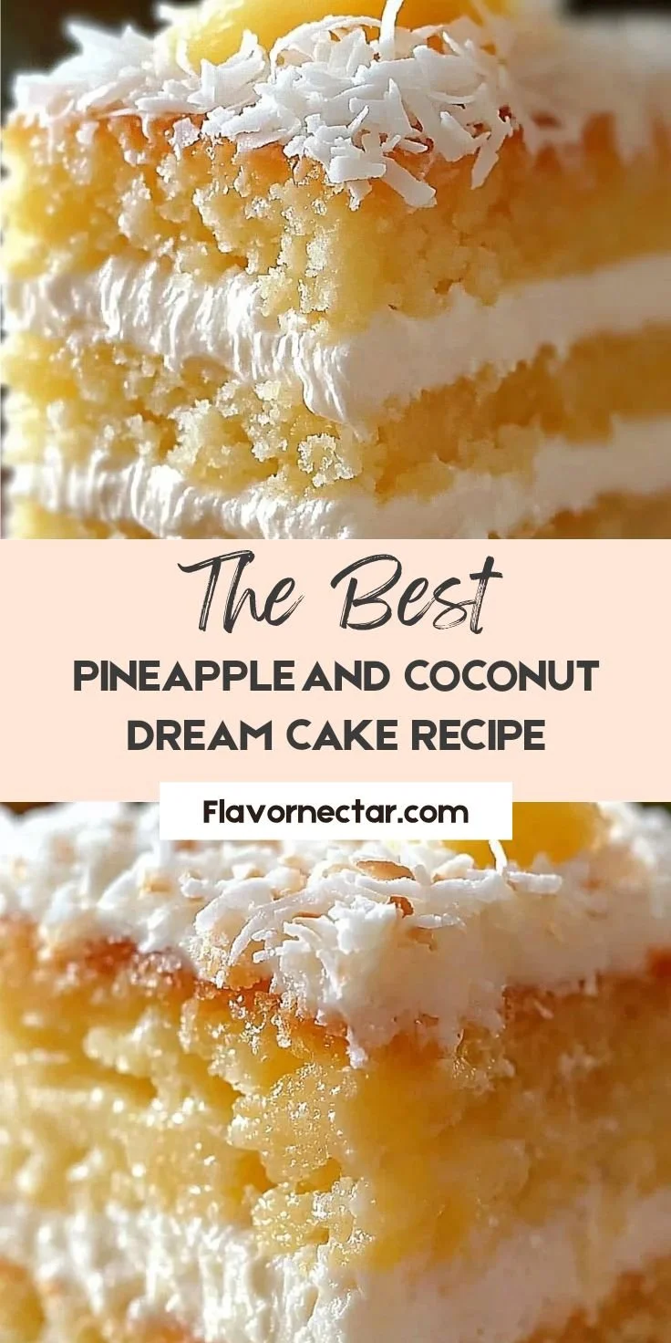 Delicious Pineapple Coconut Dream Cake topped with coconut flakes and pineapple slices.
