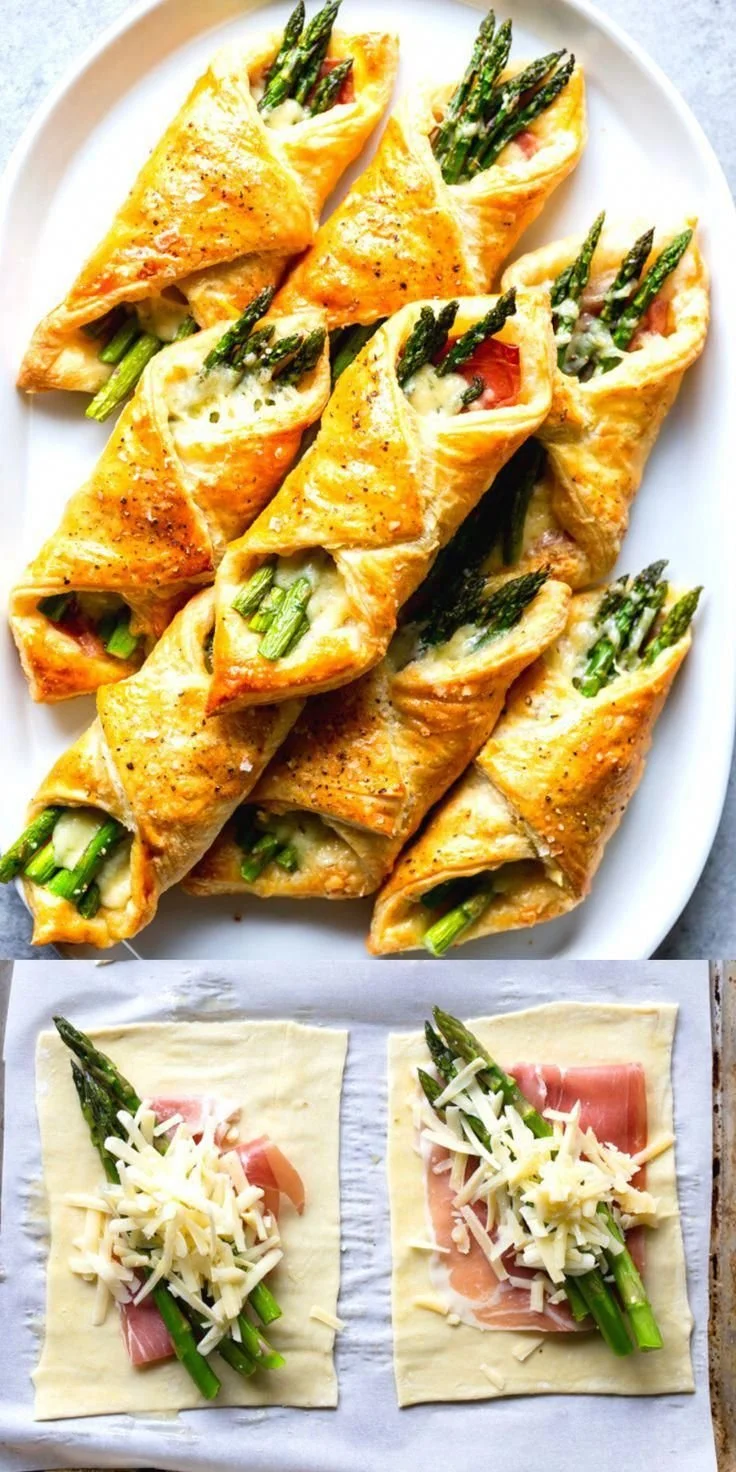Prosciutto asparagus puff pastry bundles on a platter.