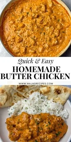 Delicious homemade butter chicken served with rice and naan