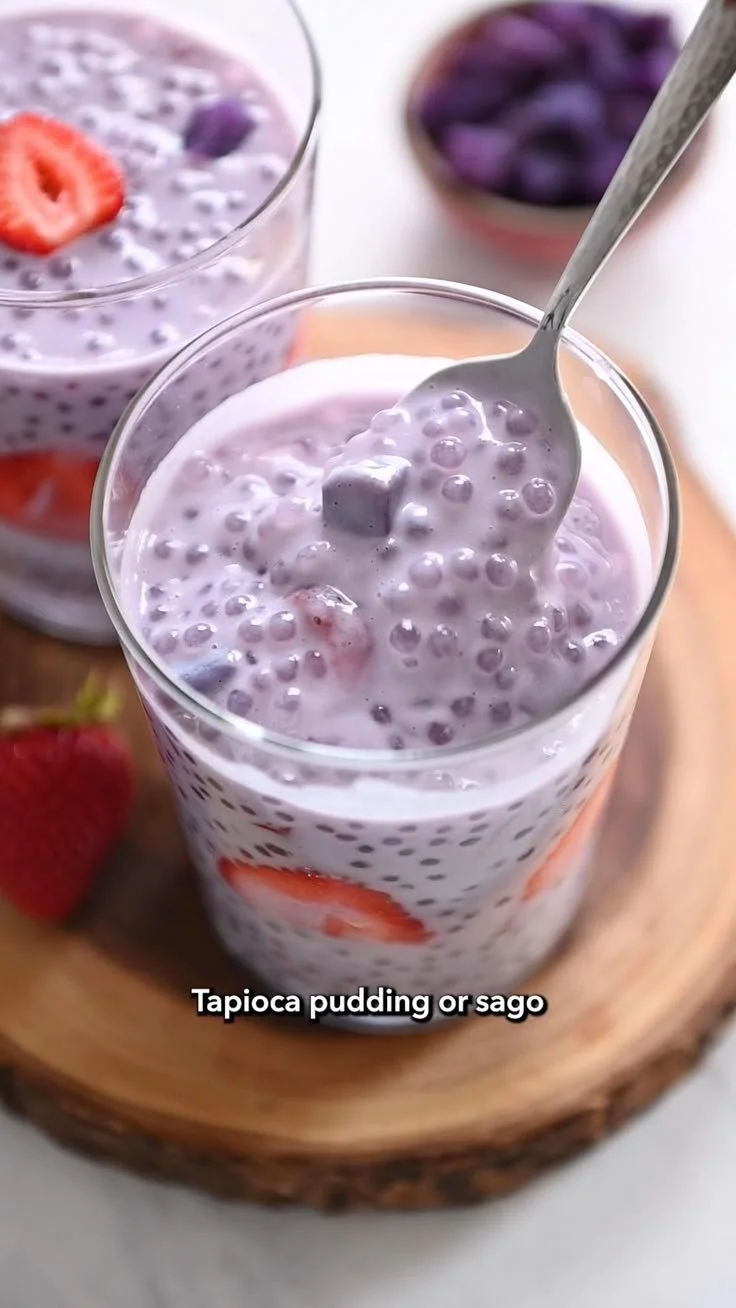 Refreshing summer tapioca dessert with fruit and coconut milk