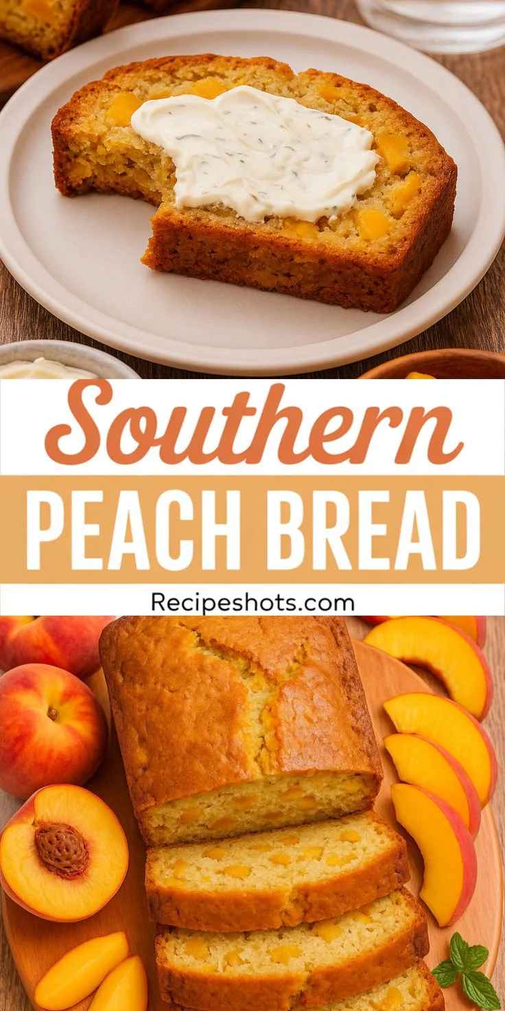 Loaf of homemade Southern peach bread with fresh peaches on a wooden table