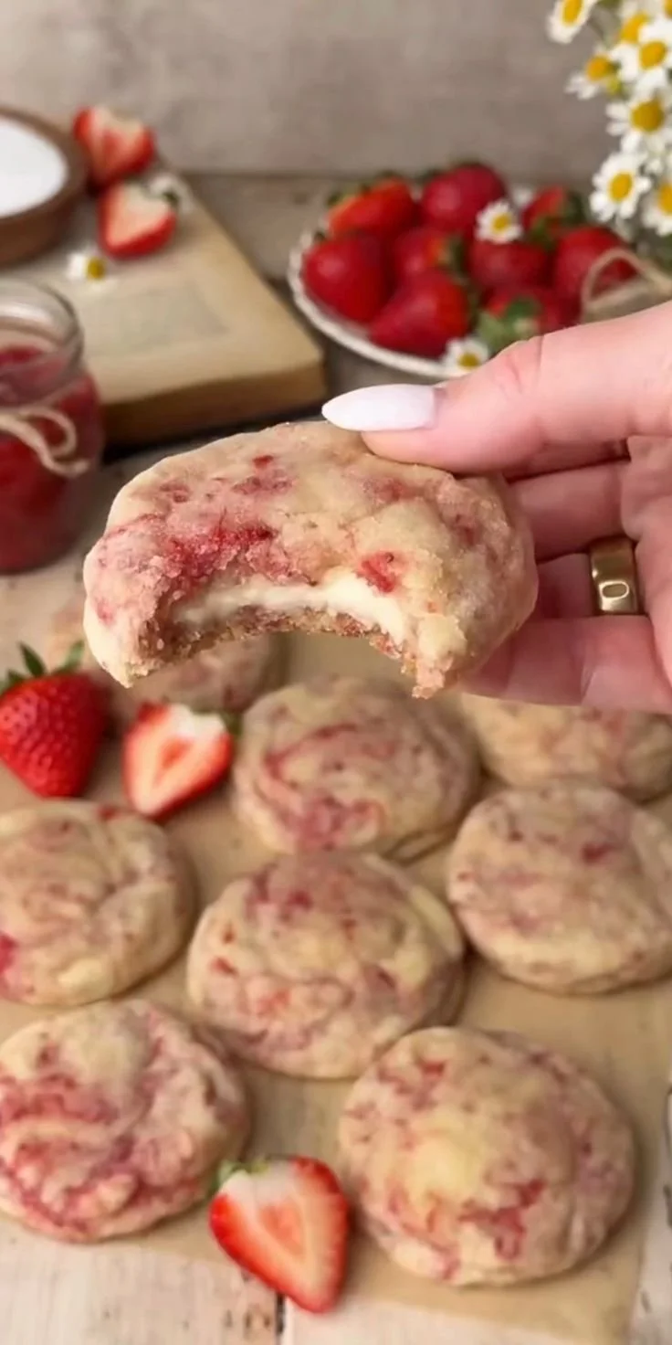 Delicious strawberry cheesecake cookies garnished with fresh strawberries