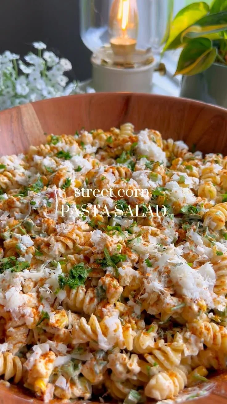 Delicious street corn pasta salad with fresh ingredients and spices.
