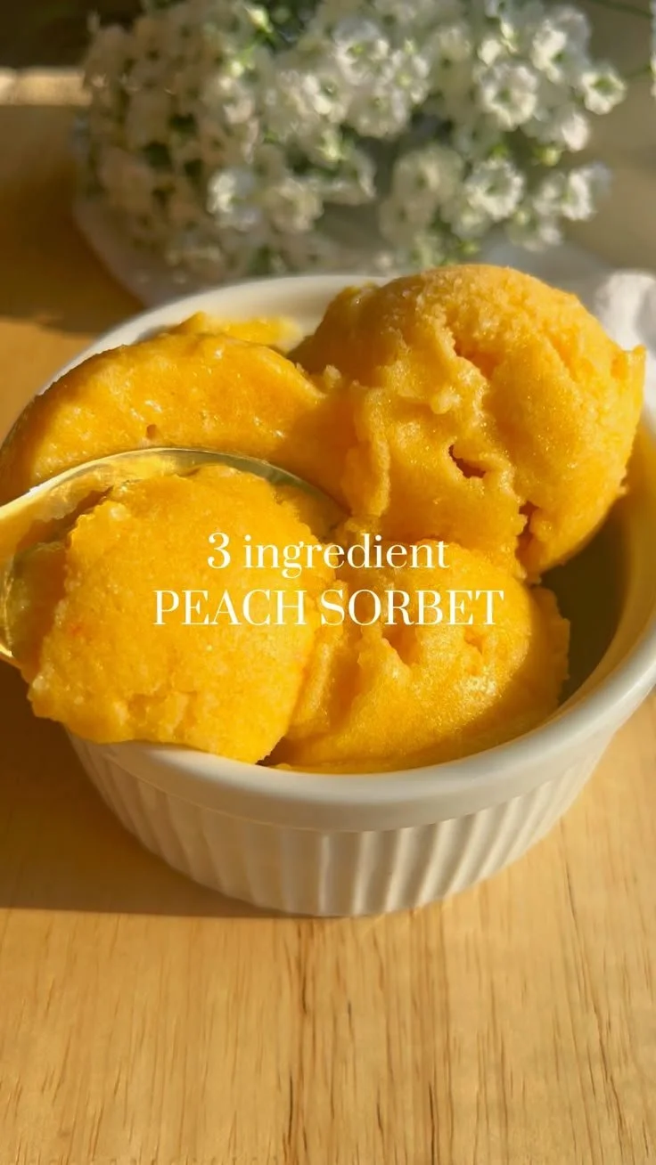 Delicious homemade three ingredient peach sorbet served in a bowl