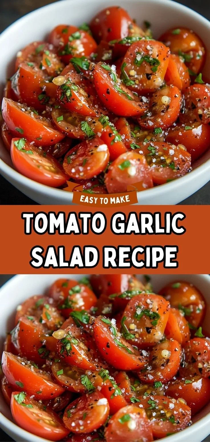 Fresh Tomato Garlic Salad with basil and olive oil, garnished on a plate.